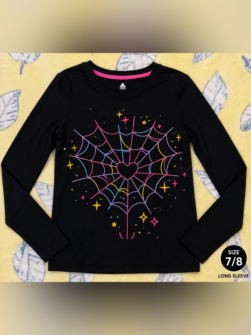Girls' Black Long-Sleeve Top with Neon Web Heart Graphic